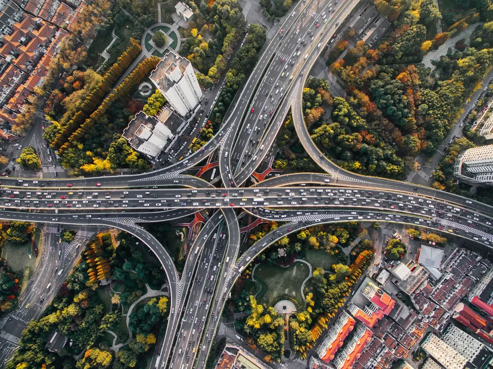 Aerial view of a multi-level highway interchange
