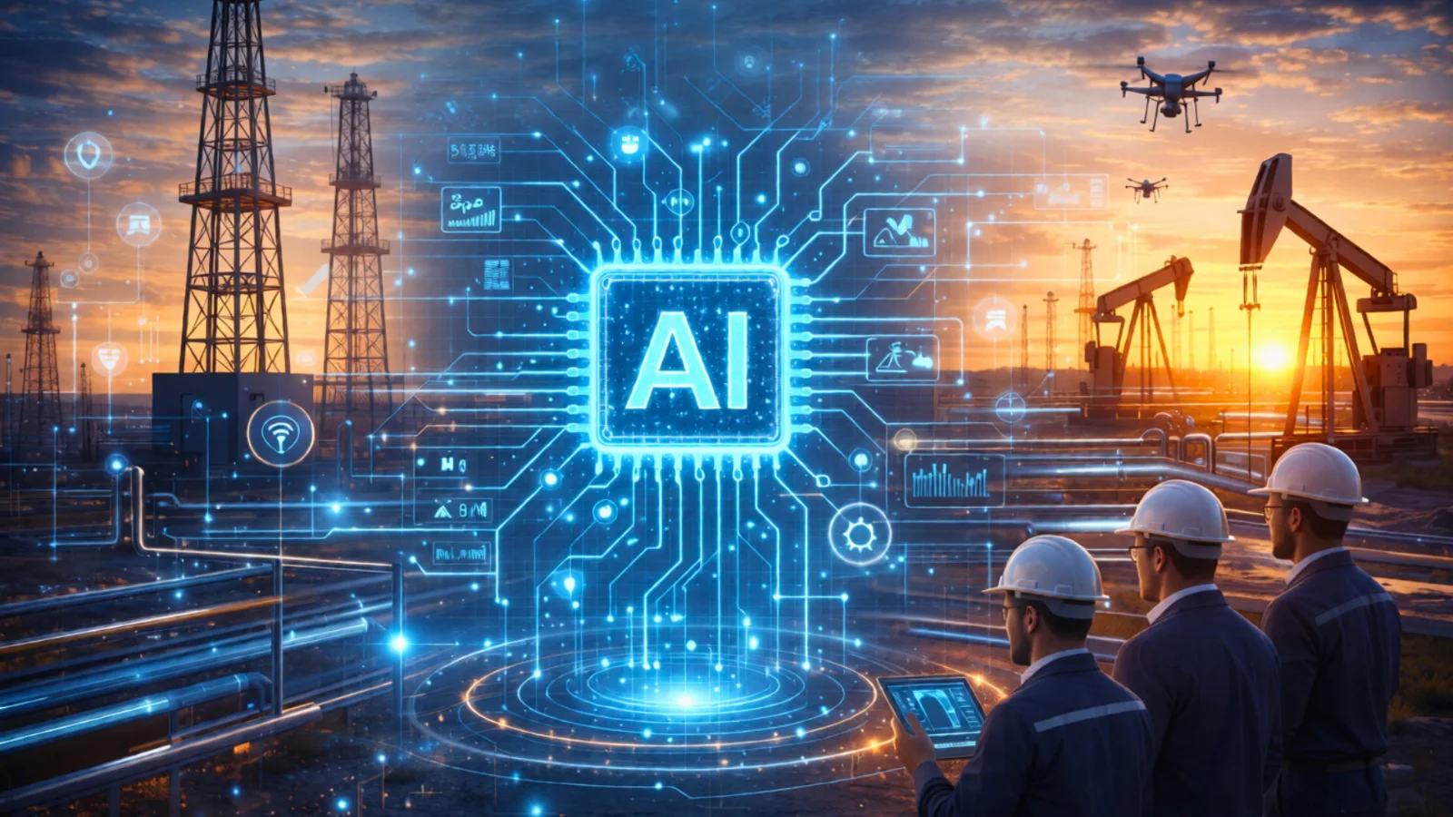 Engineers reviewing analytics across an oilfield at sunset