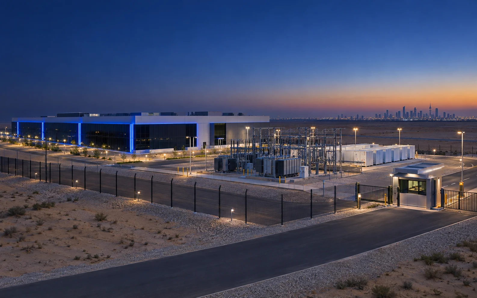 Data centre building at dusk with blue façade lighting