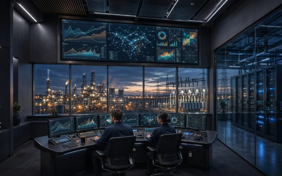 Operators at a control-room console overlooking a plant and substation, with server racks behind glass