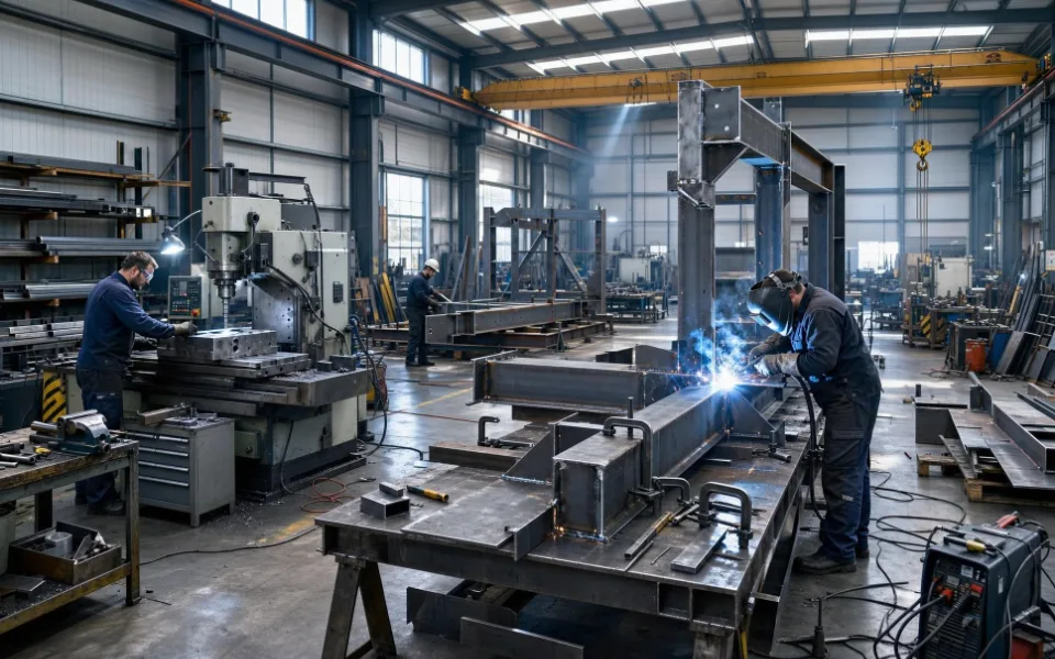 Welding and machining in a steel fabrication workshop