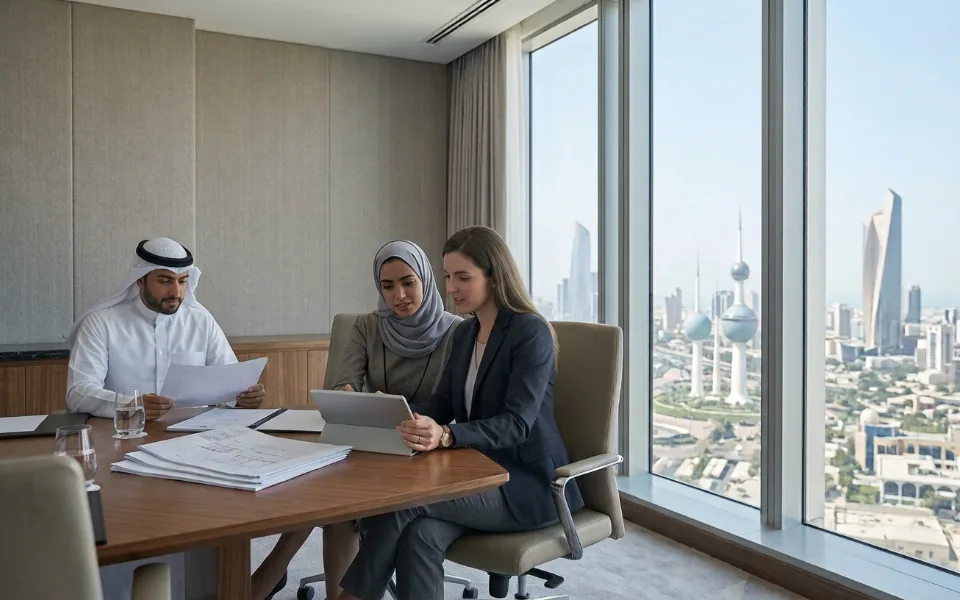 ثلاثة مختصين يراجعون مستندات في قاعة اجتماعات بمدينة الكويت