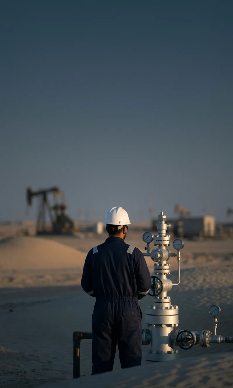 Oilfield technician beside a wellhead in the Kuwait desert