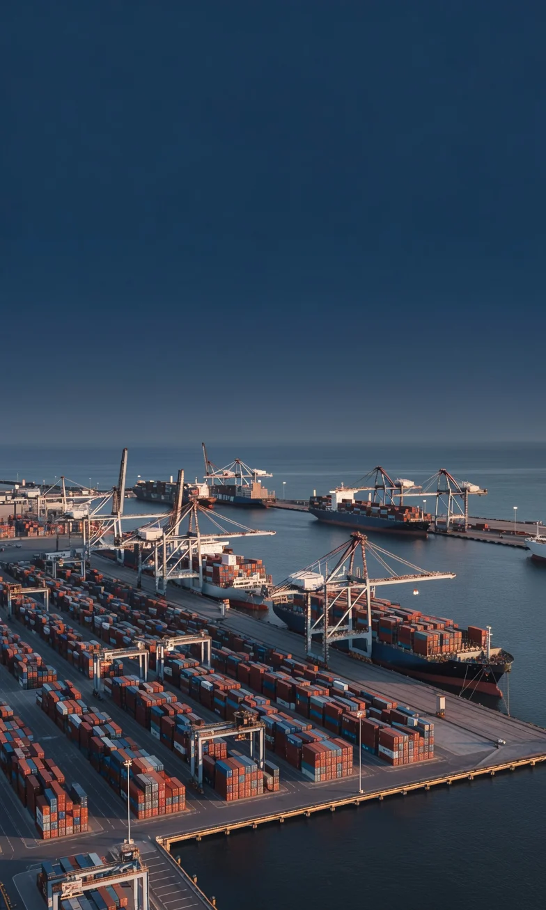 Container port with cargo ships and cranes at dusk