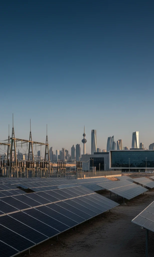 Solar panels, a substation, a data centre and the Kuwait City skyline