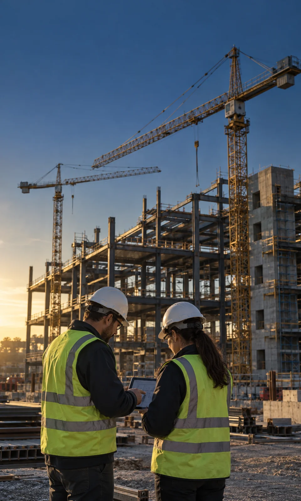 Two engineers reviewing a tablet at a steel construction site
