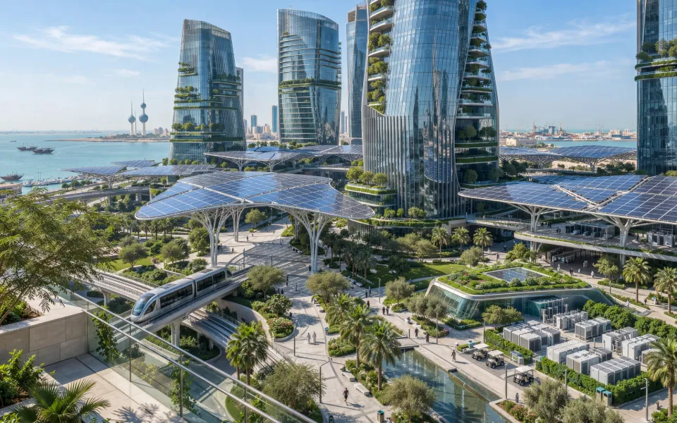 Kuwait waterfront district with solar canopies, green terraces and light rail