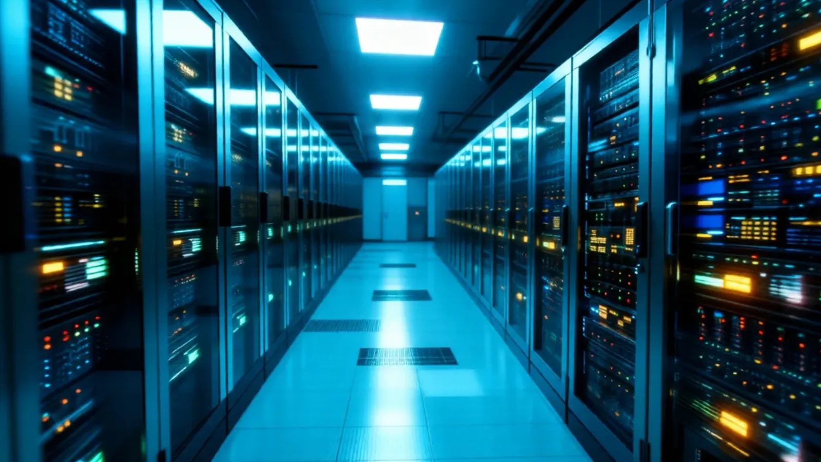 Data centre aisle lined with server racks