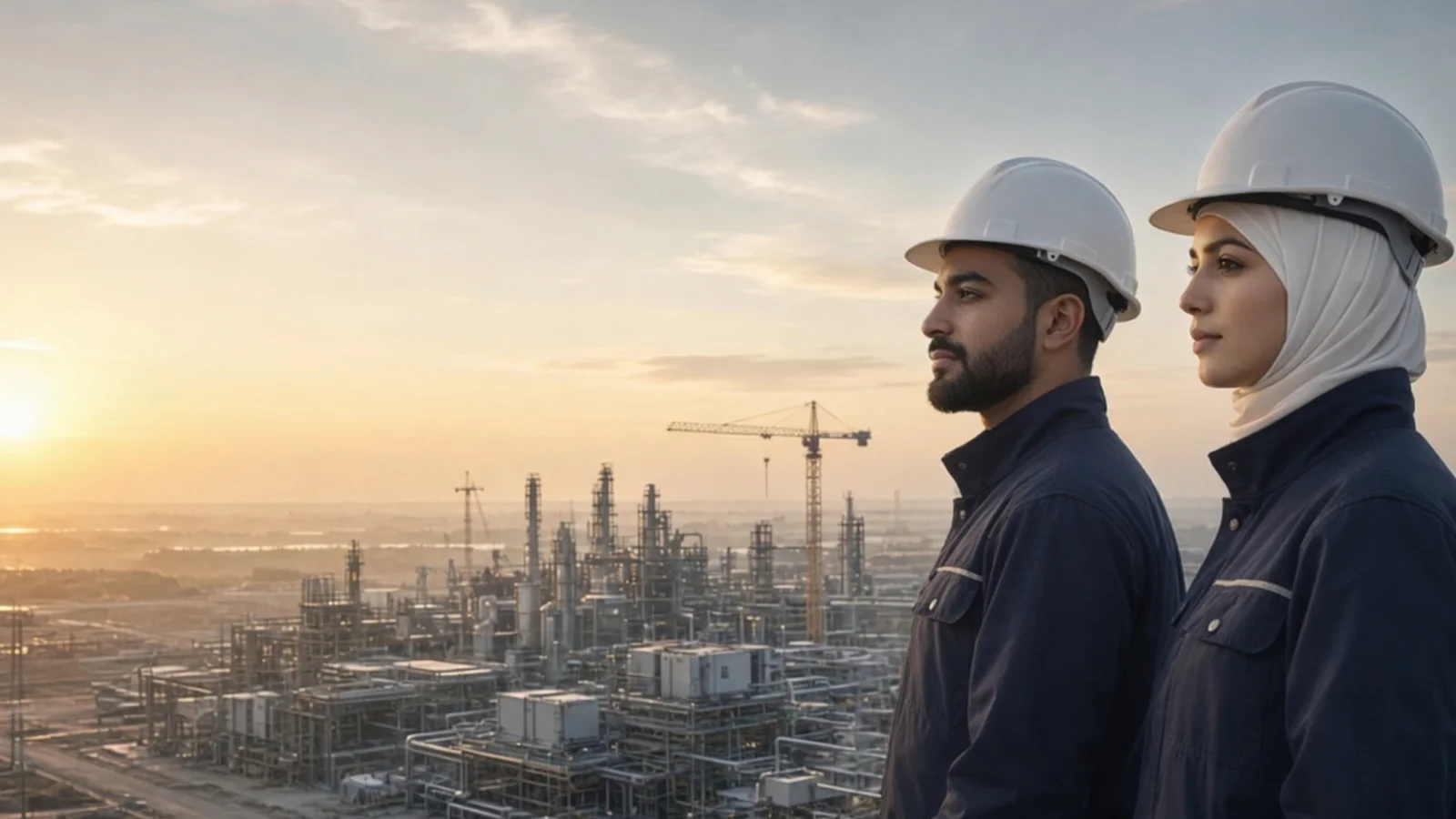 Two engineers in hard hats overlooking an industrial plant at sunset