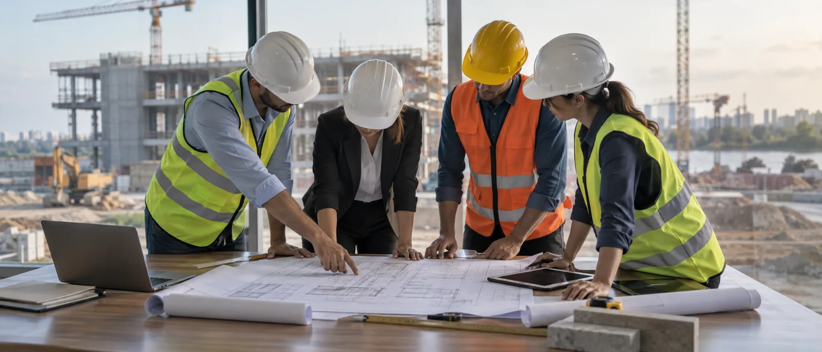 Project team reviewing drawings at a table overlooking a construction site