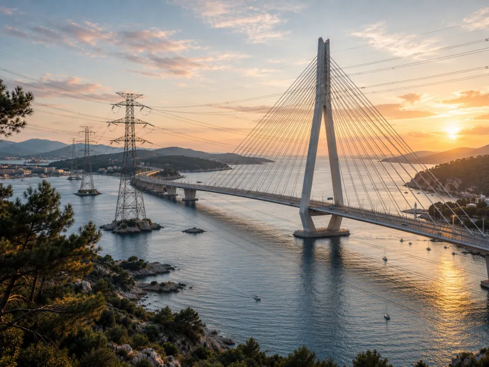 Cable-stayed bridge and high-voltage transmission towers across a bay at sunset