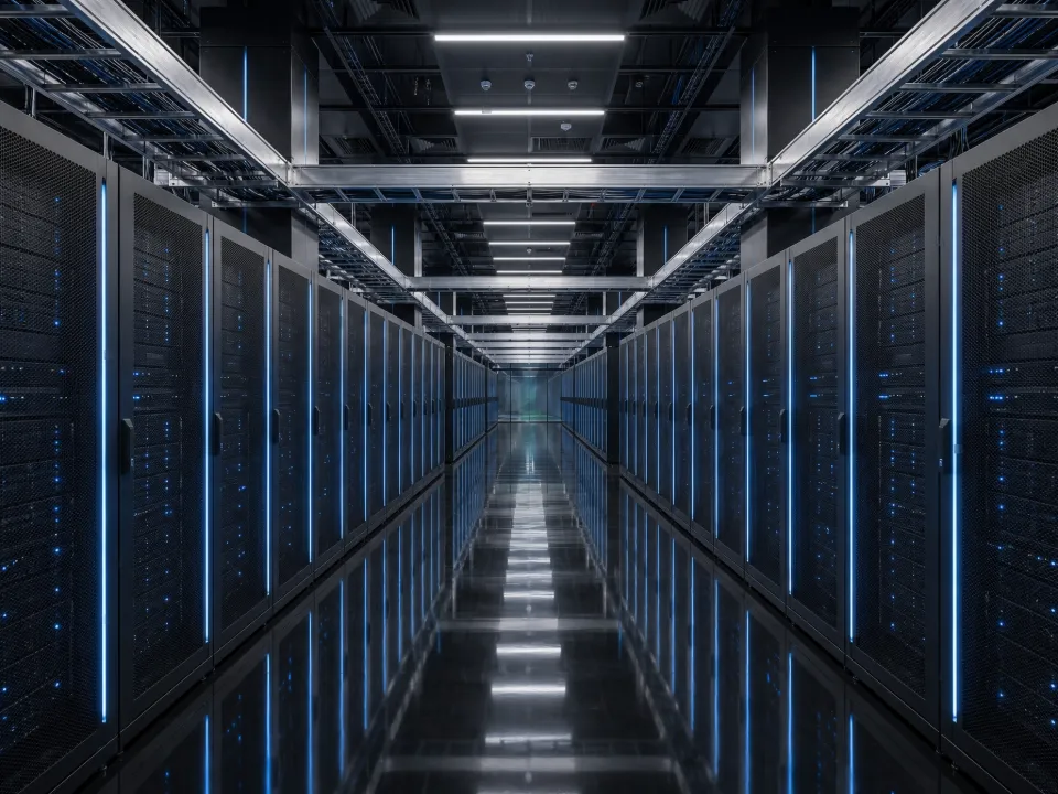 Data-centre aisle lined with server racks