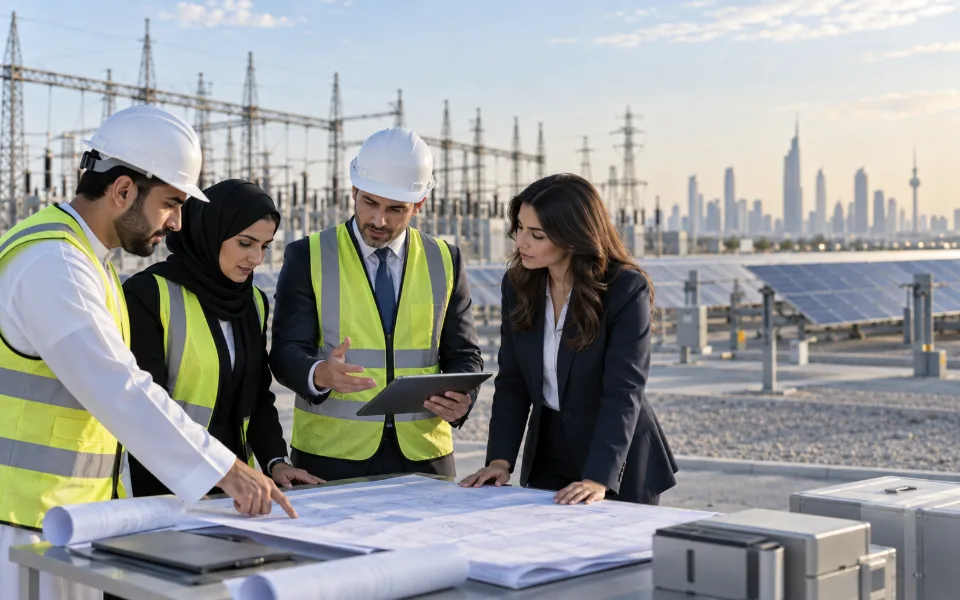 GOC team reviewing engineering drawings at a power and solar project site