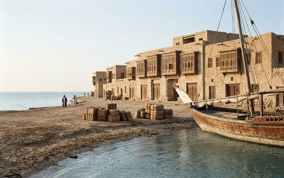 Jibla seafront in Kuwait with a traditional dhow and merchant houses
