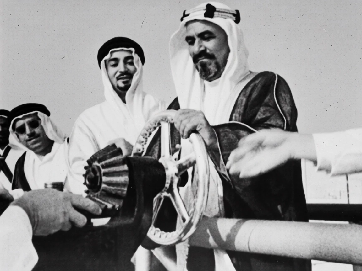 Amir Sheikh Ahmad Al-Jaber Al-Sabah turns the silver wheel to begin Kuwait's first oil export, 30 June 1946