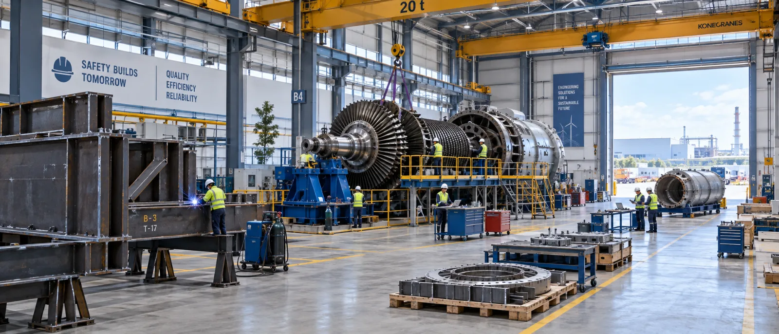 Engineers overhauling a gas turbine rotor in a fabrication and service workshop