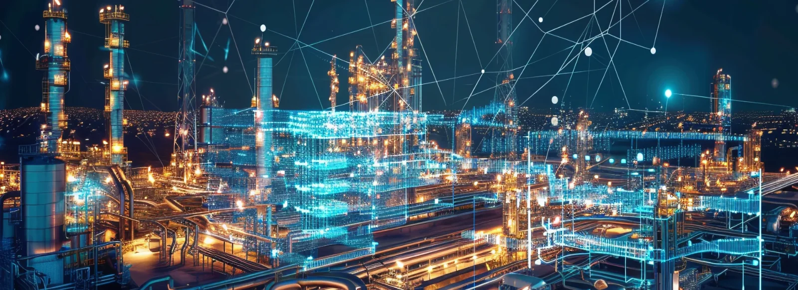 Refinery at night overlaid with a digital network, representing AI-integrated operations